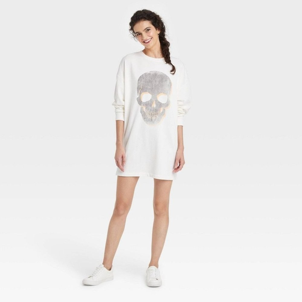Women's Skull Long Sleeve Graphic Sweatshirt Dress White Size XS